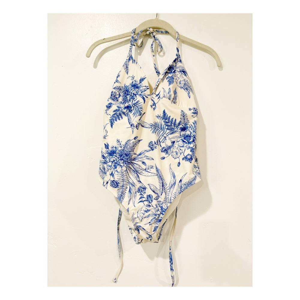 Kona Sol Blue White Floral Toile Halter One Piece Swimsuit Medium 8-10 NWT